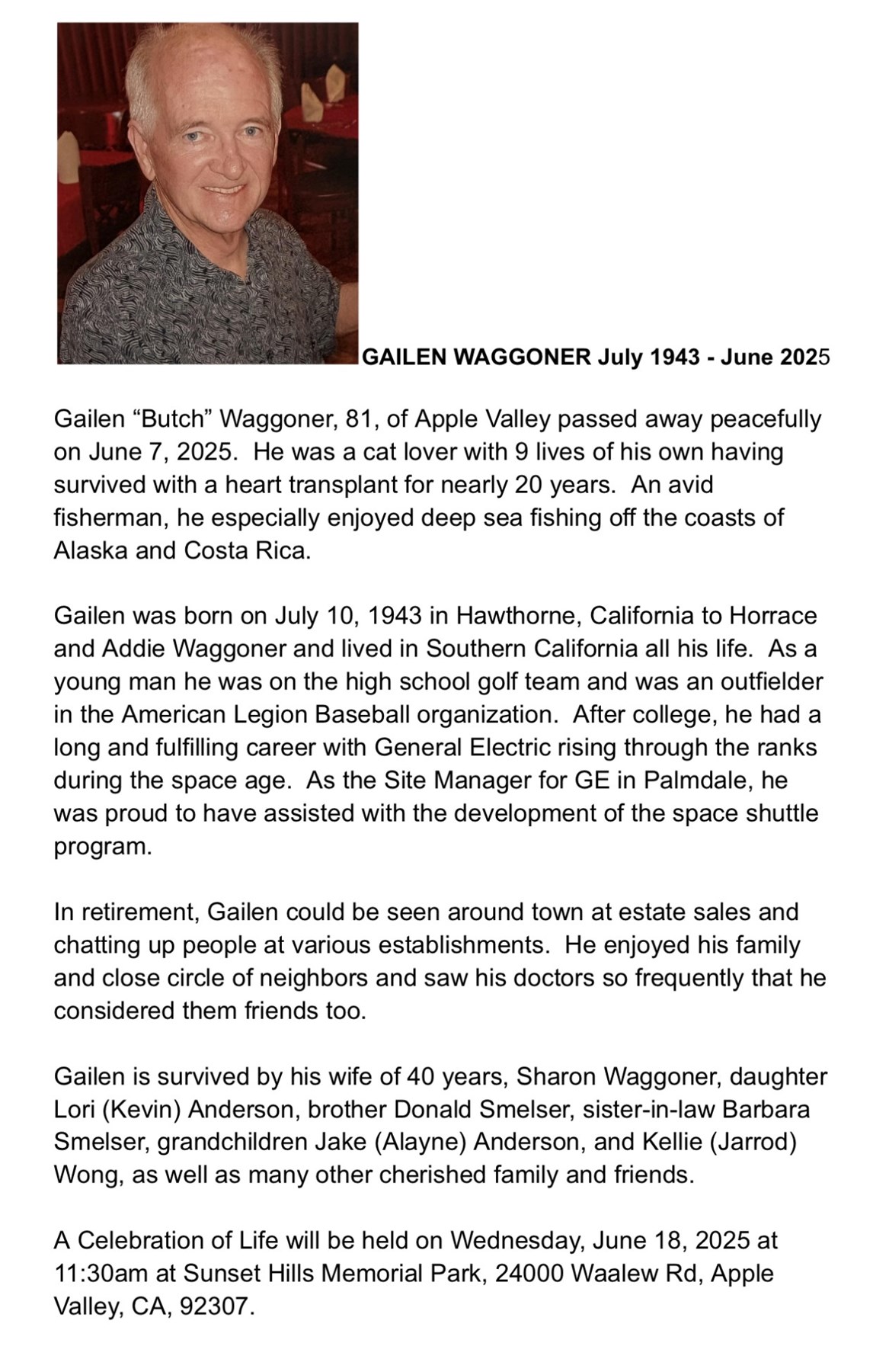 Avis de décès de Gailen Ray Waggoner