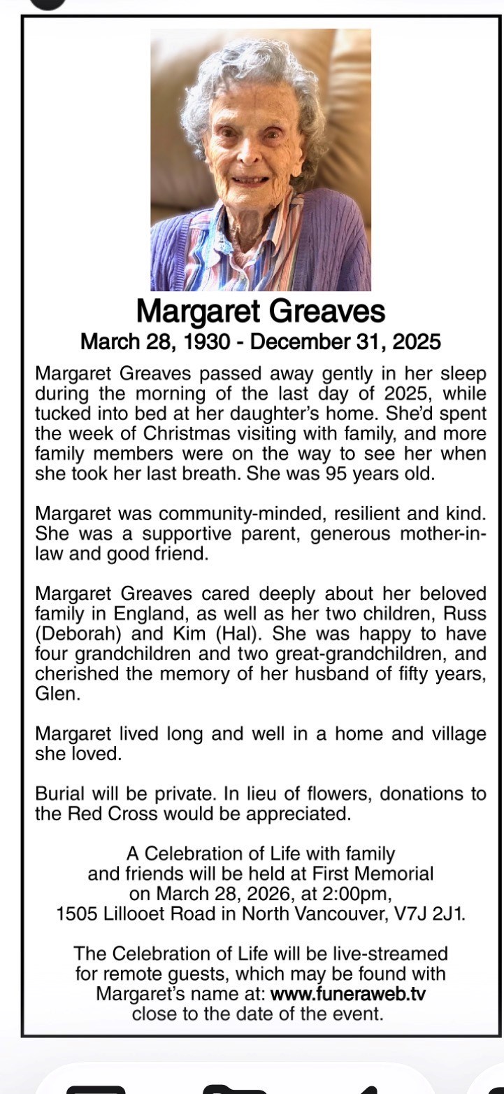 Obituary of Margaret Greaves