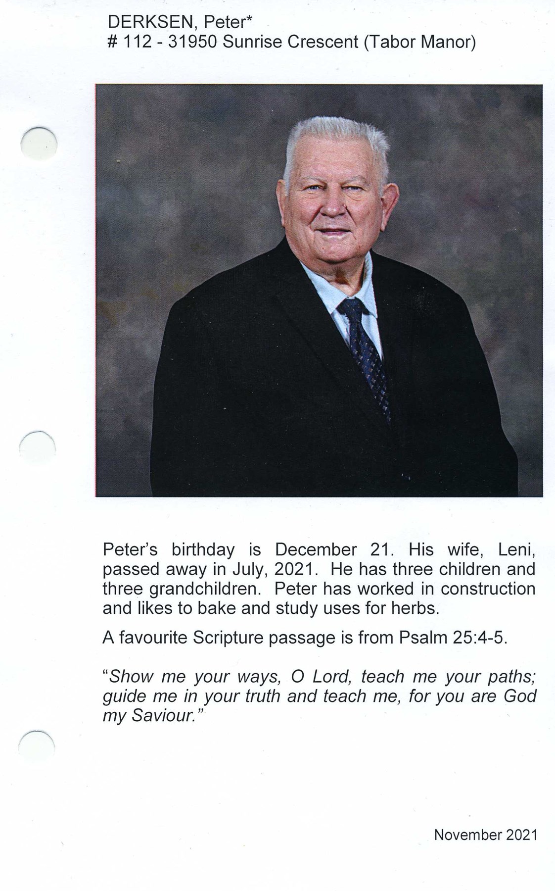 Obituario de Peter Derksen