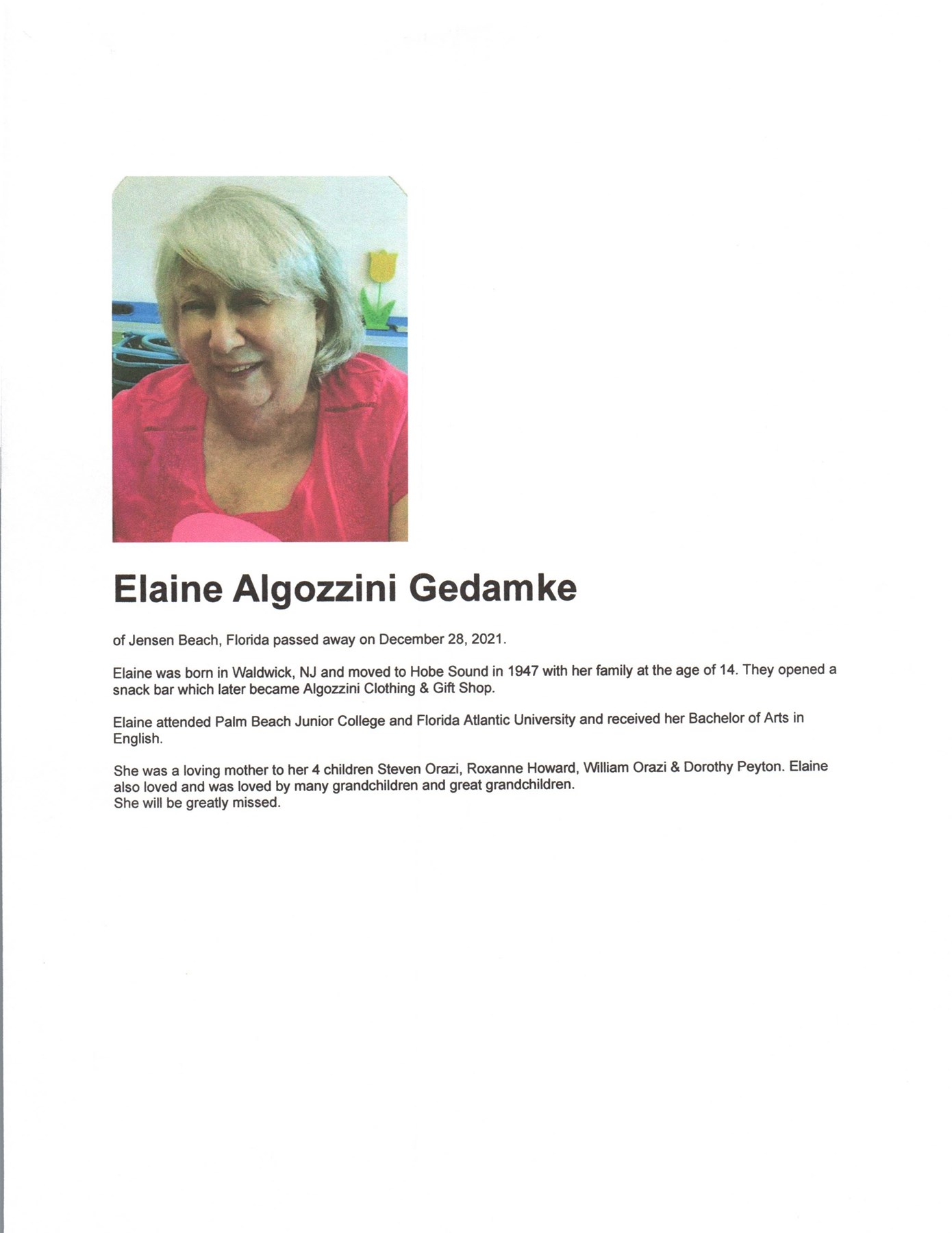 Obituary of Elaine Algozzini Gedamke