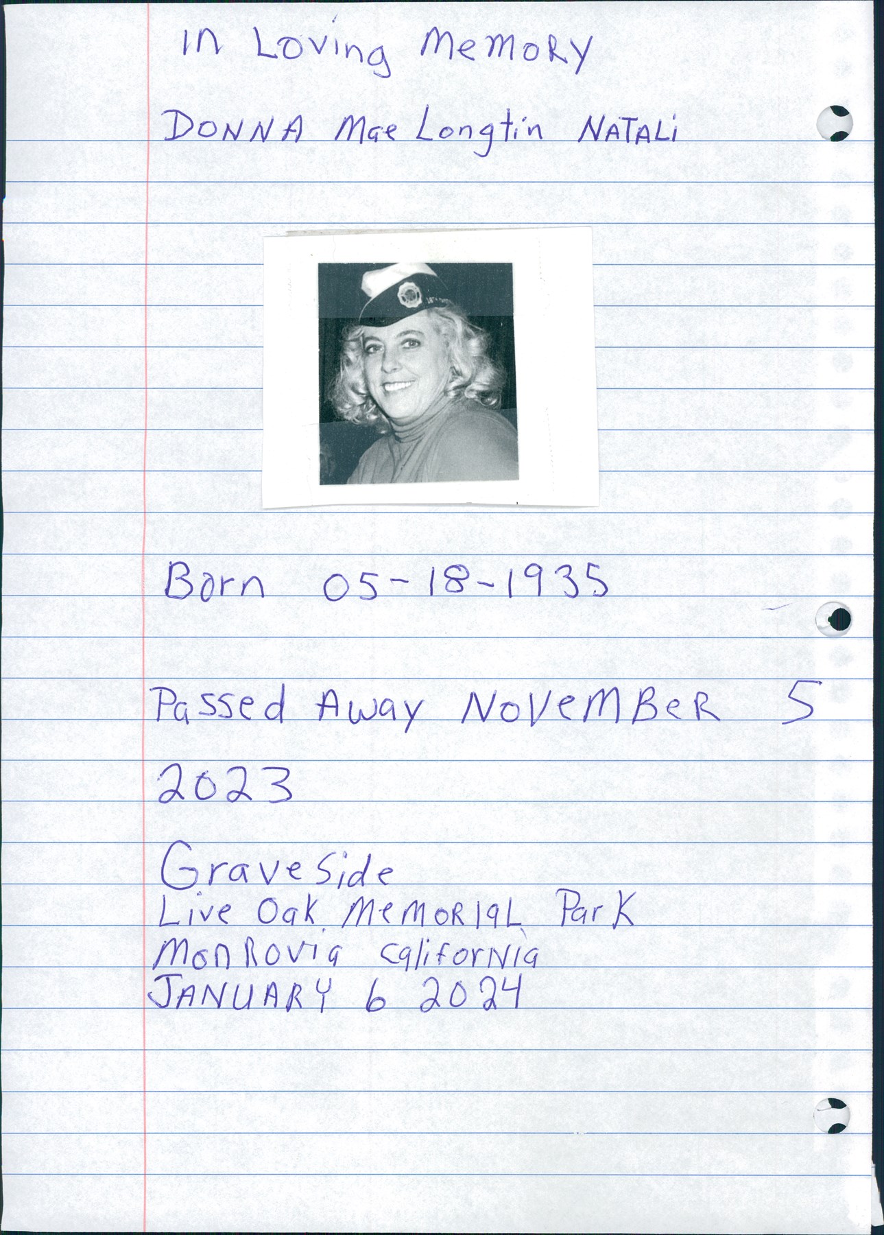 Obituary of Donna Mae Natali