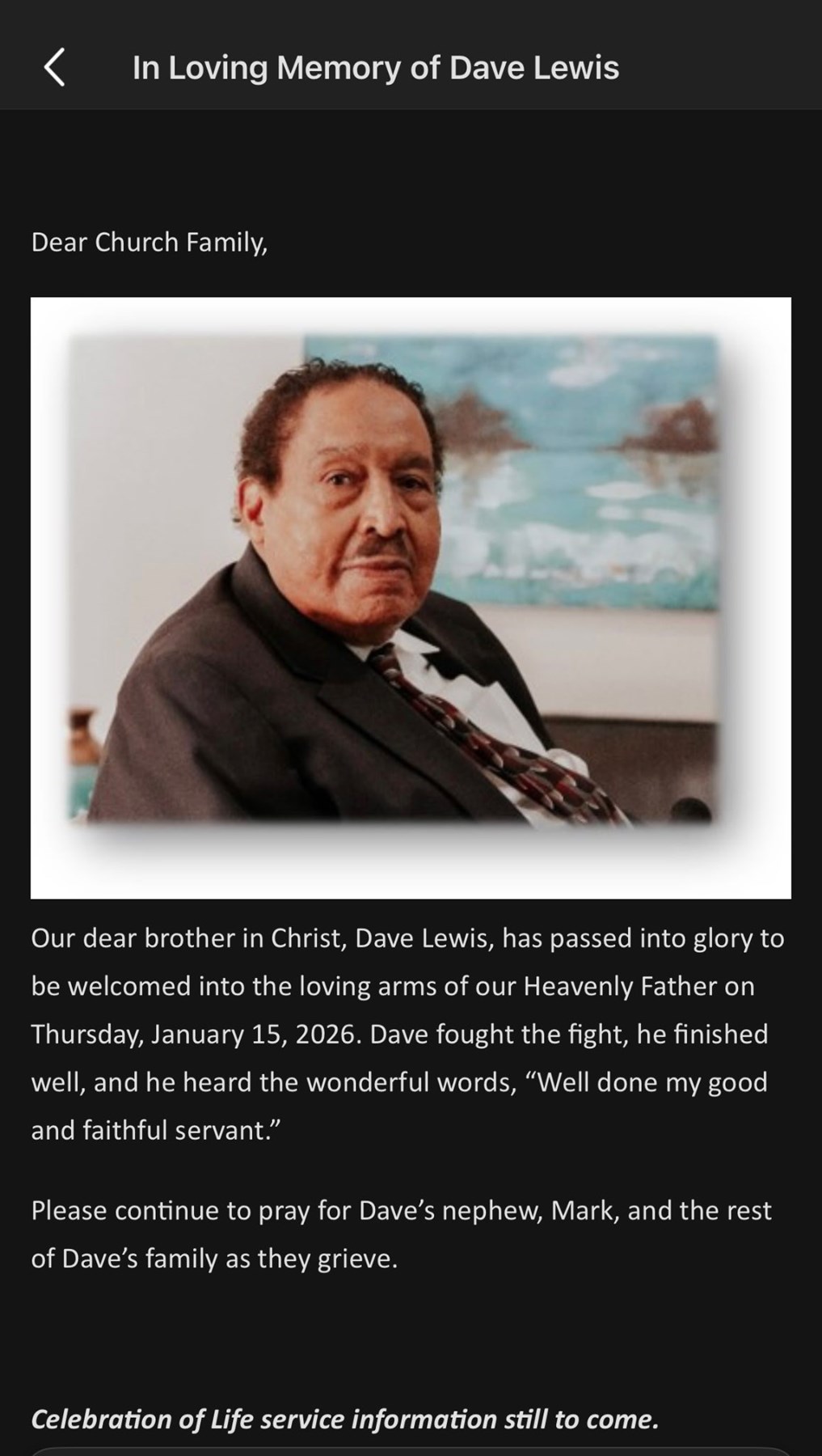 Obituary of David Thomas Lewis