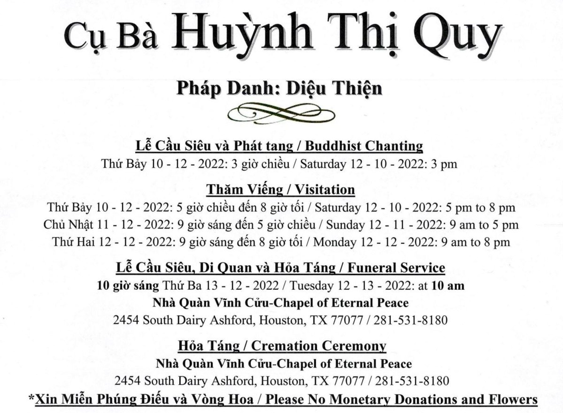 Obituary of Huỳnh Thị  Quy - 12/08/2022 - From the Family