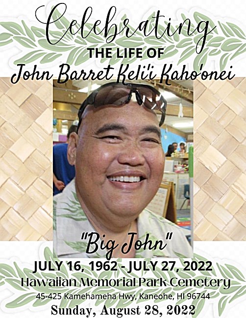 Obituary of John Barret Kelii Kahoonei