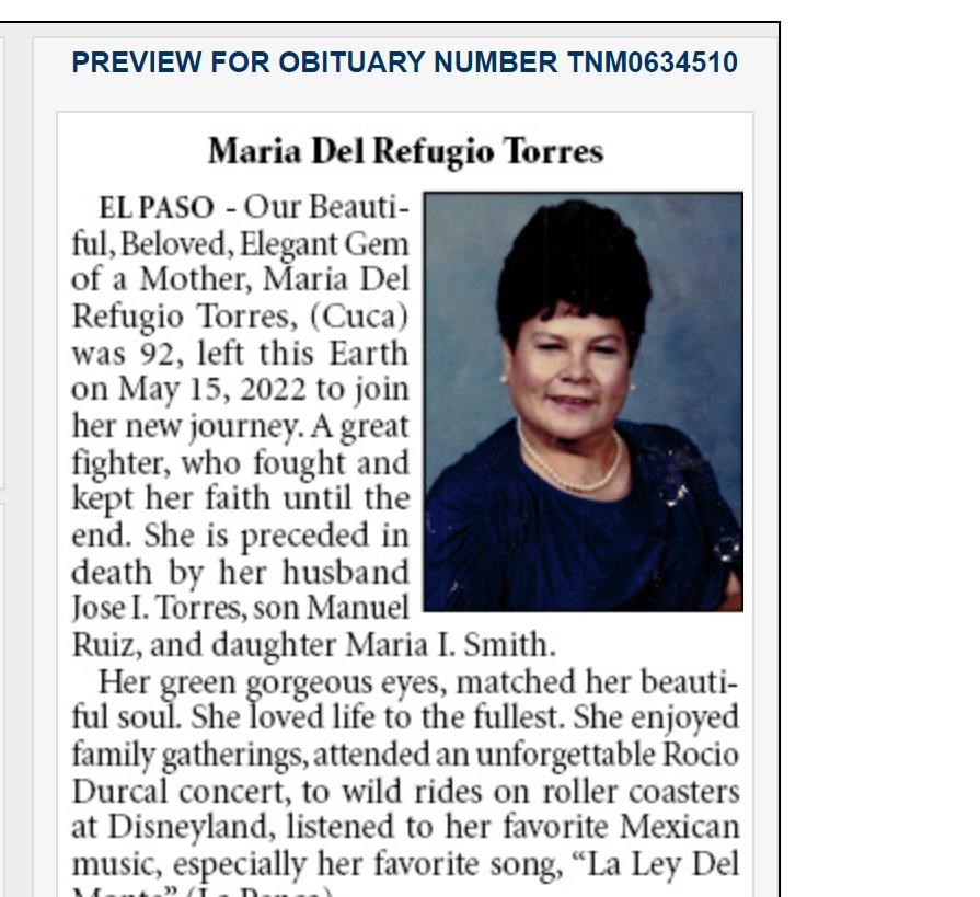 Obituary of Maria Del Refugio Torres