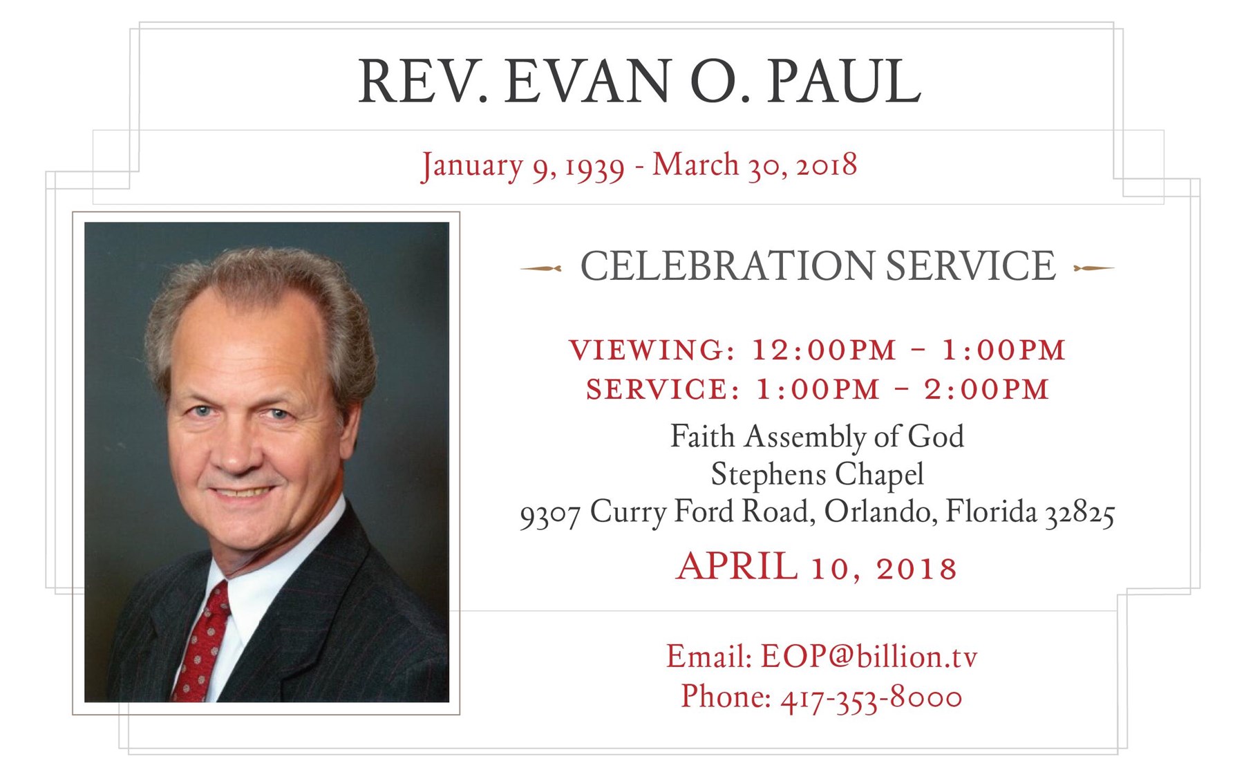 Obituary of Reverend Evan O. Paul
