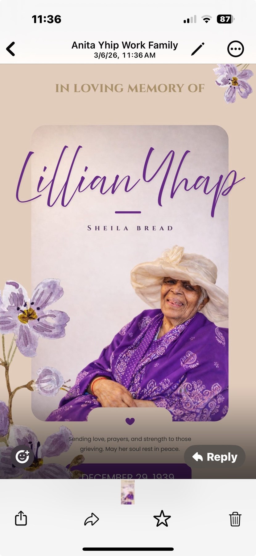 Avis de décès de Lillian Yhap