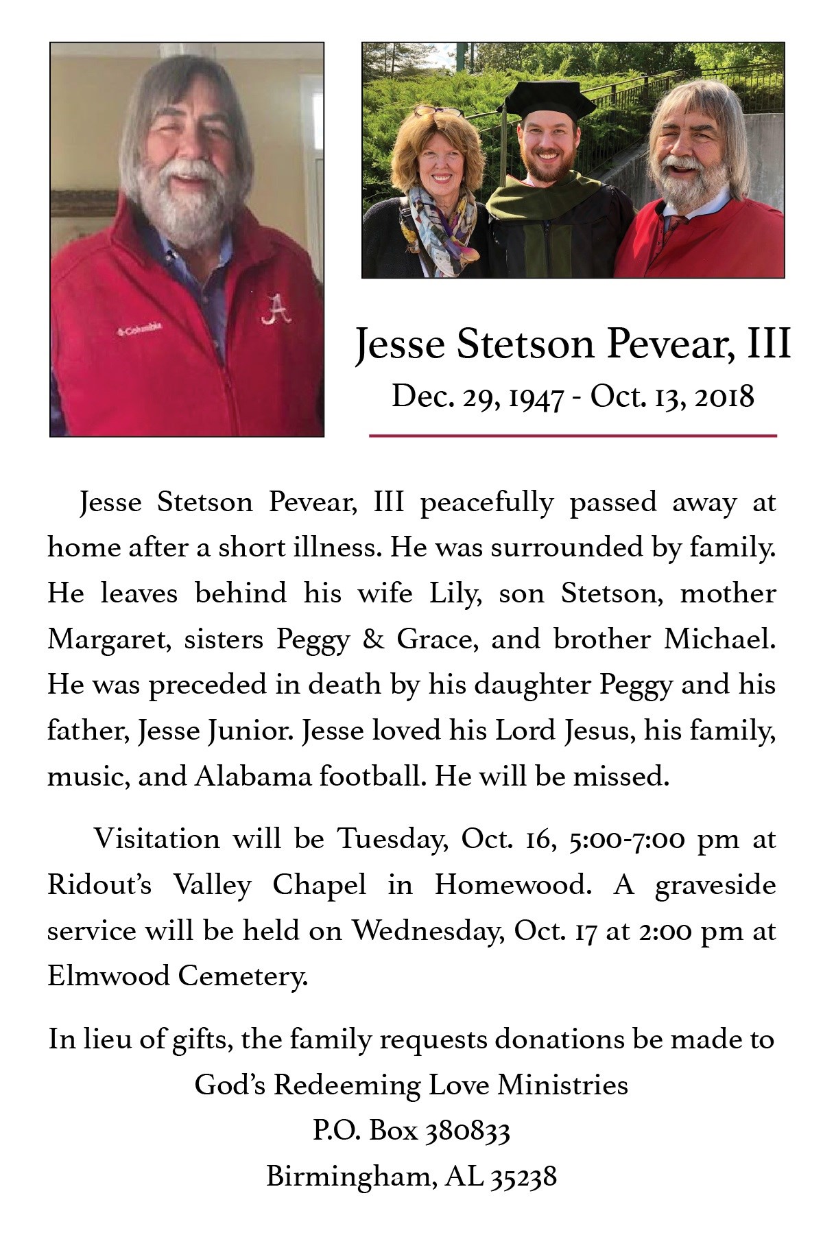 Obituary of Jesse Stetson Pevear, III