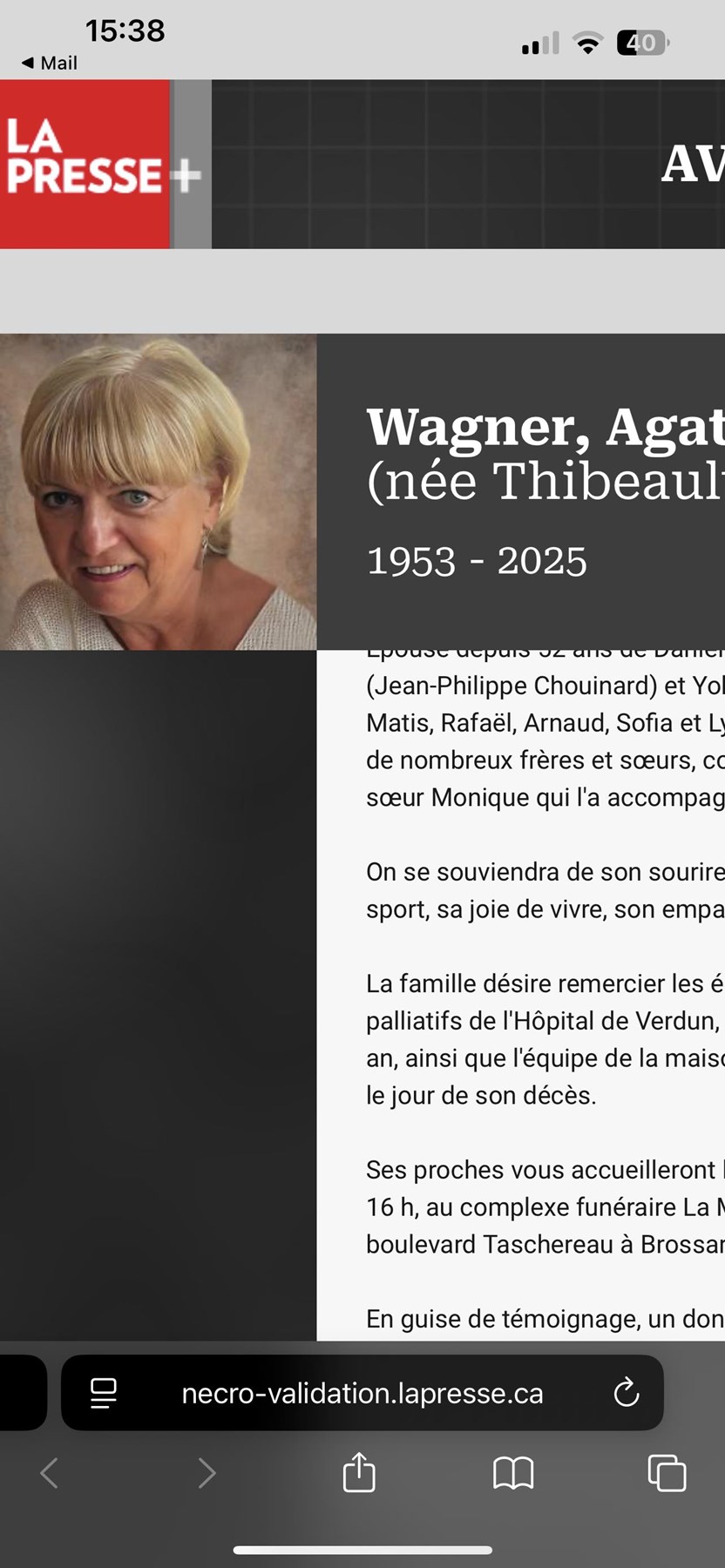Avis de décès de Agathe Thibeault Wagner
