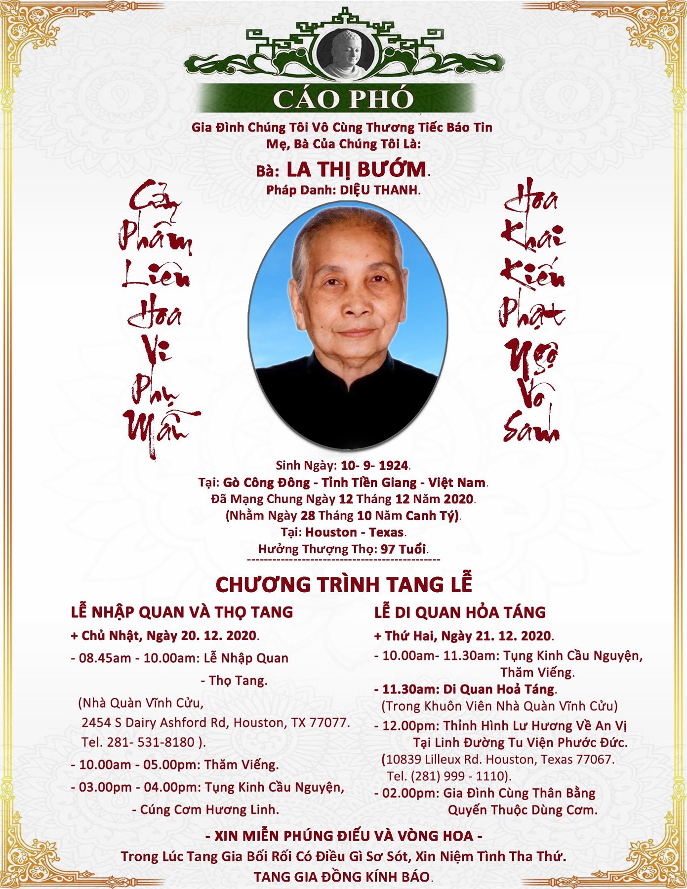 Obituario de Bà La Thị Bướm ~ Pháp Danh : Diệu Thanh