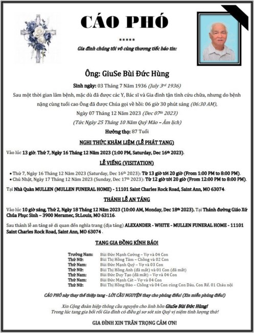 Avis de décès de Hùng Đức  Bùi
