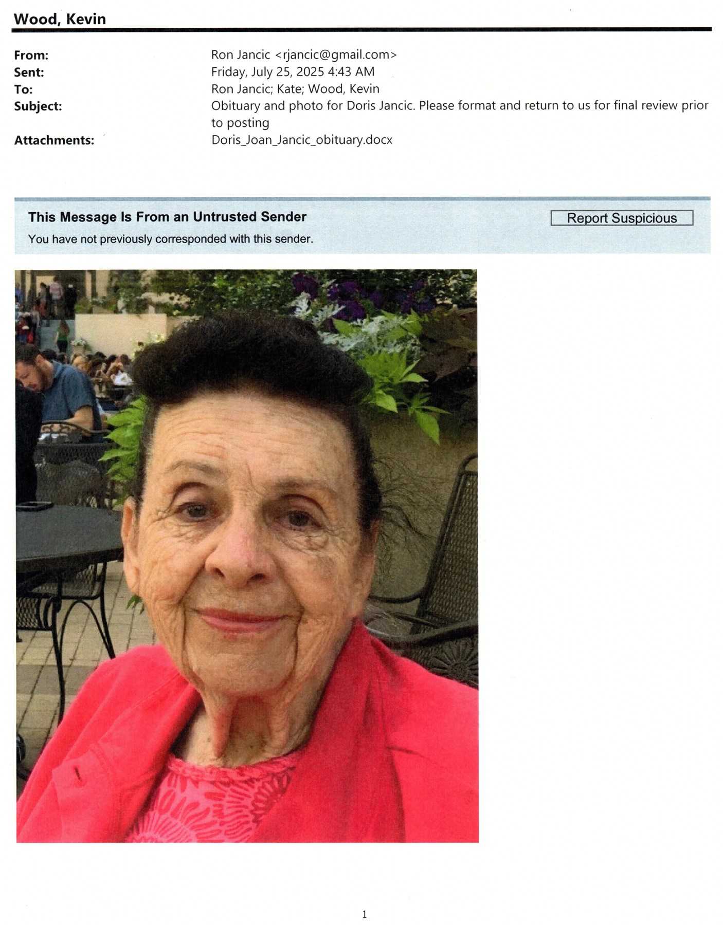 Obituary of Doris Joan Jancic