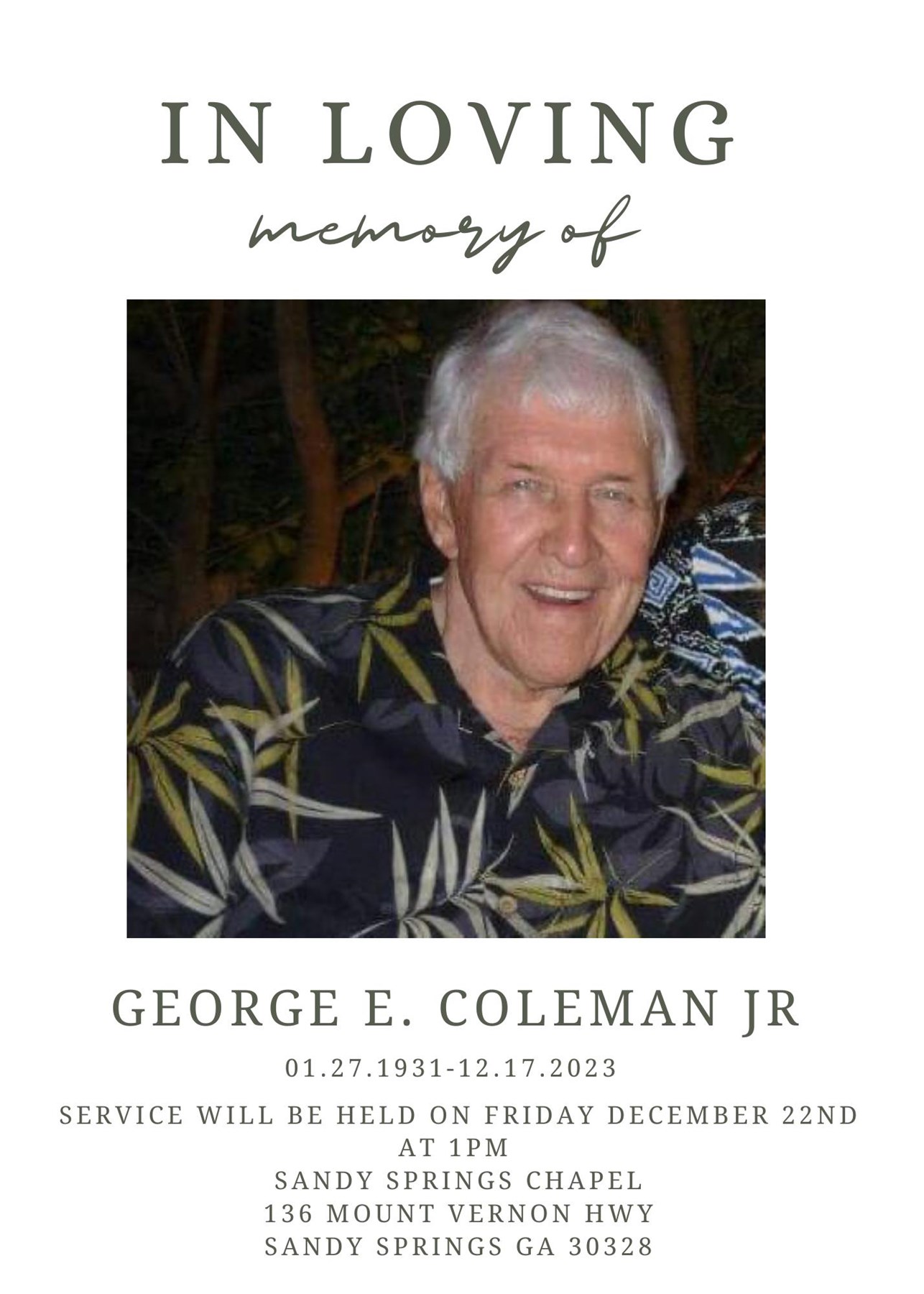 Obituary of George Elvin Coleman Jr.