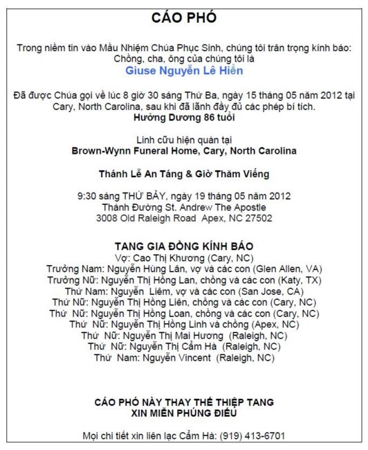 Obituary of Hien Le Nguyen