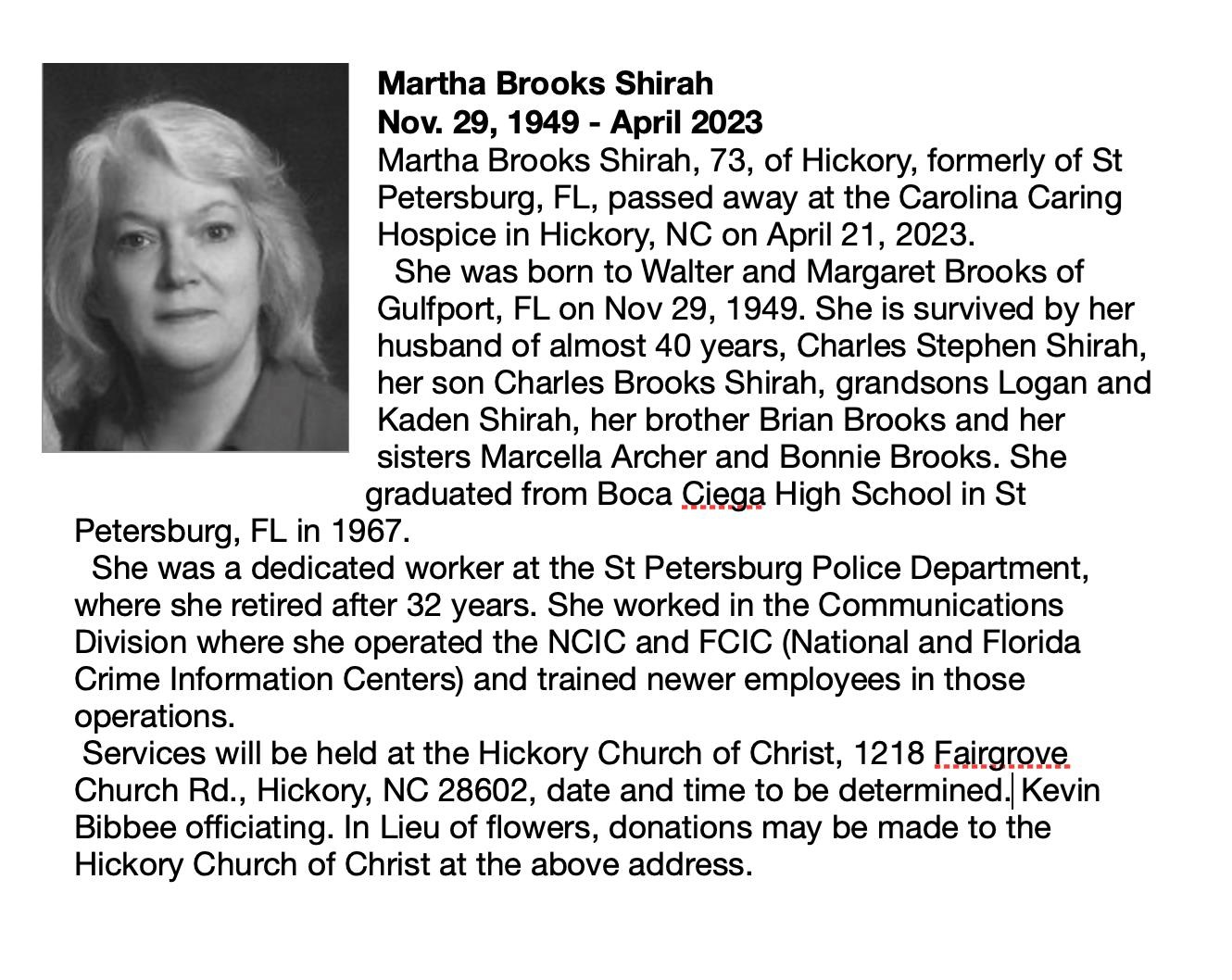 Obituary of Martha Brooks Shirah