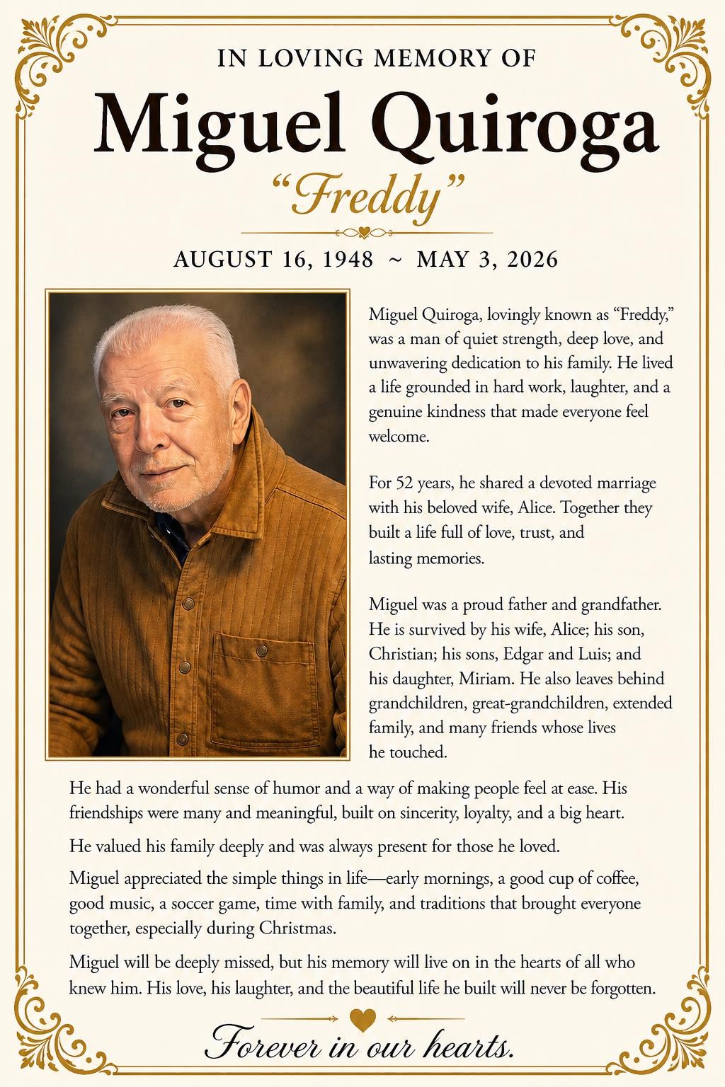 Obituary of Miguel "Freddy" Edgar Quiroga