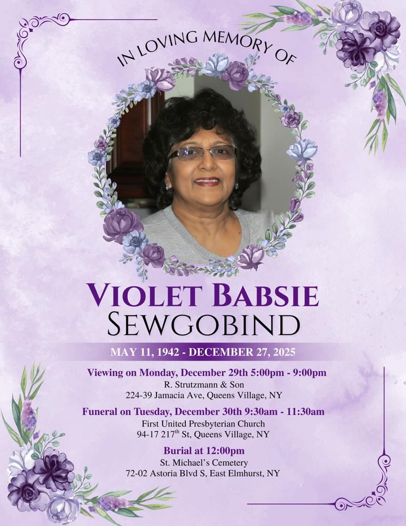 Obituary of Violet Dowarawatie Sewgobind