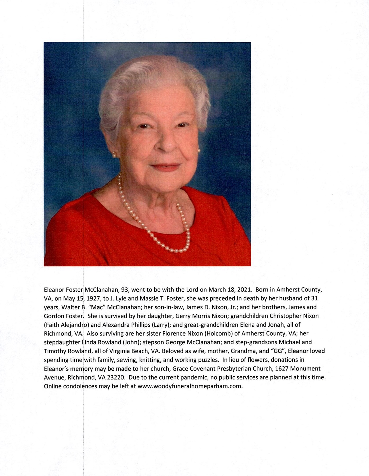 Obituary of Eleanor Foster McClanahan