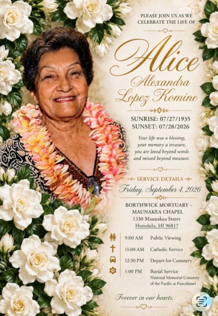Obituary of Alice Alexandra Komine
