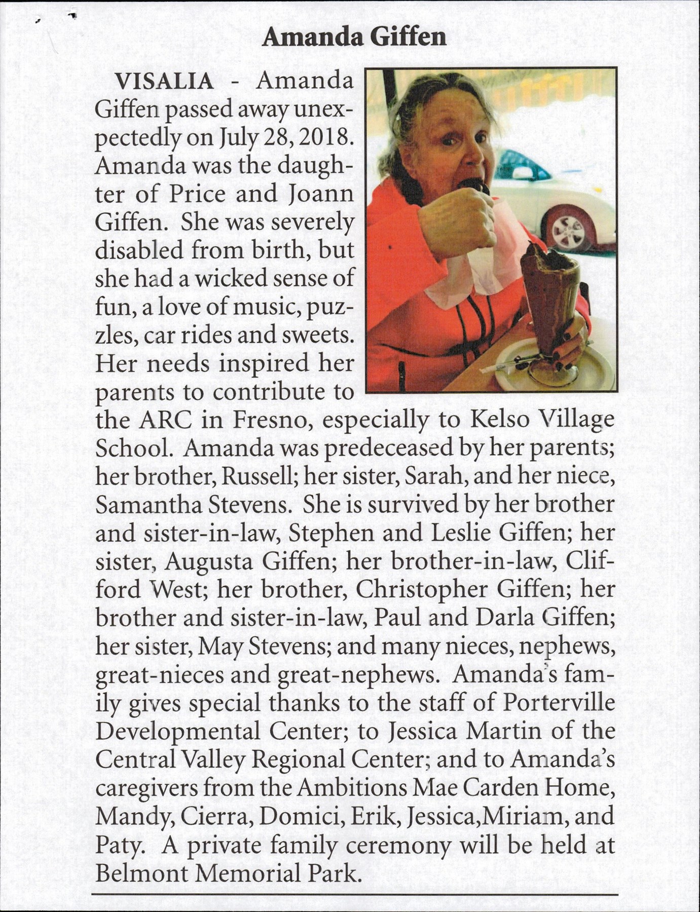 Obituary of Amanda Giffen