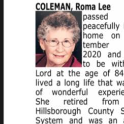 Obituary of Roma Lee Coleman