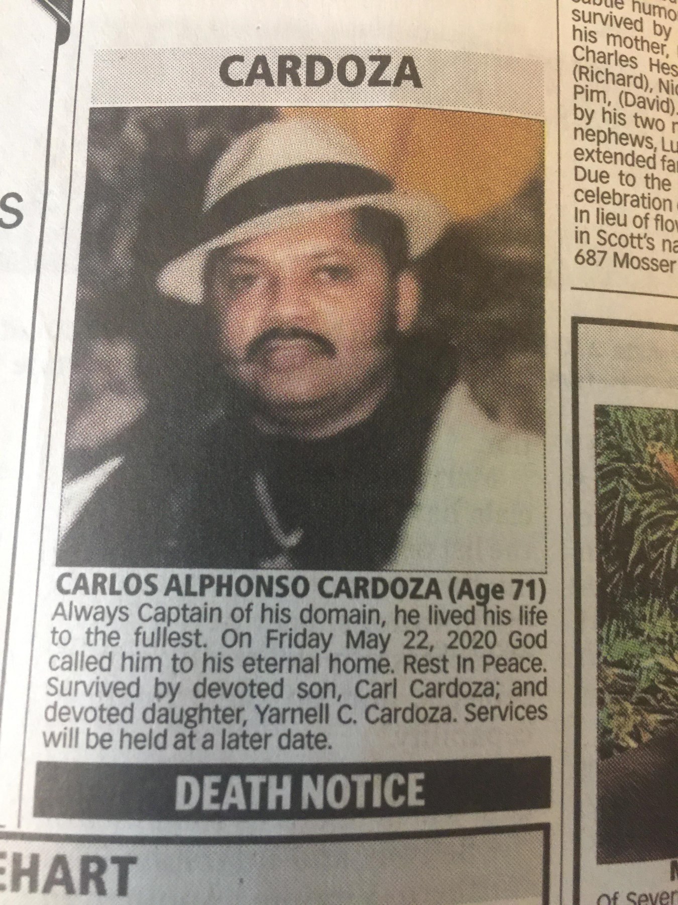 Obituary of Carlos Alphonso Cardoza Sr.