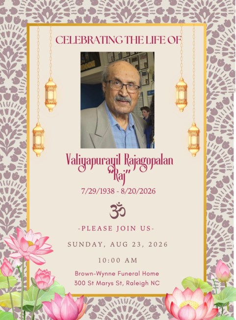 Obituary of Valiyapurayil Rajagopalan "Raj"